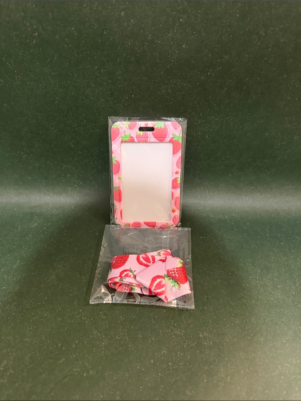Pink Strawberry Pattern Phone ID Card Holder with Lanyard